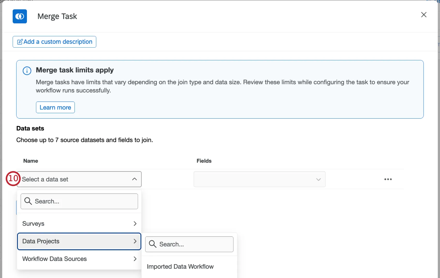 dropdown to select a data set for use in the merge task