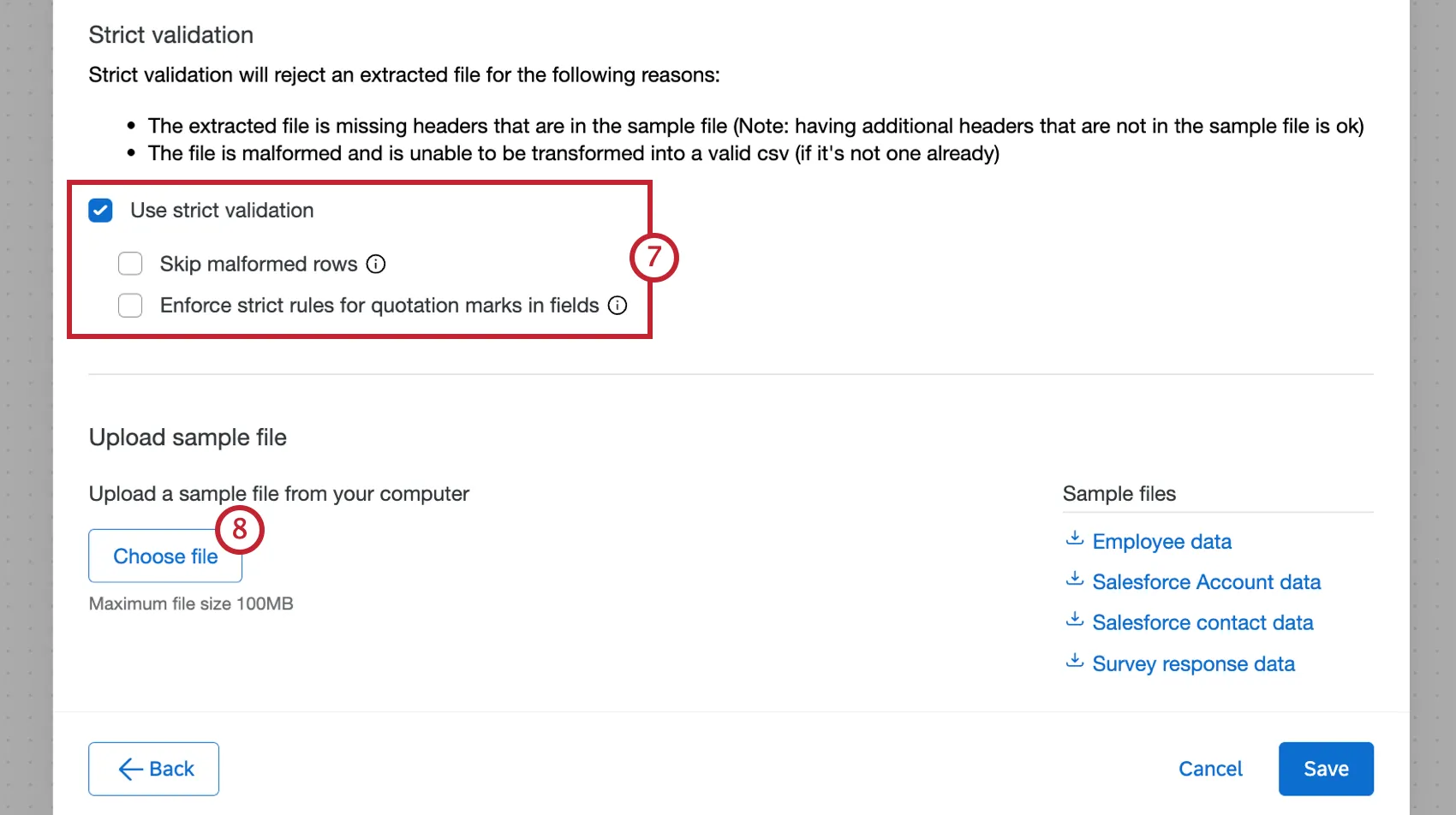 options for configuring the extract data from qualtrics file service task
