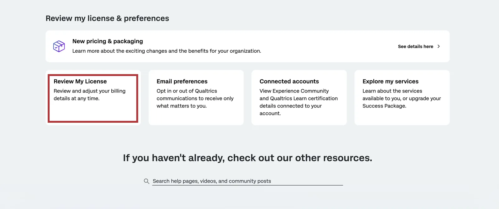 tiles at bottom of page, review my license is highlighted