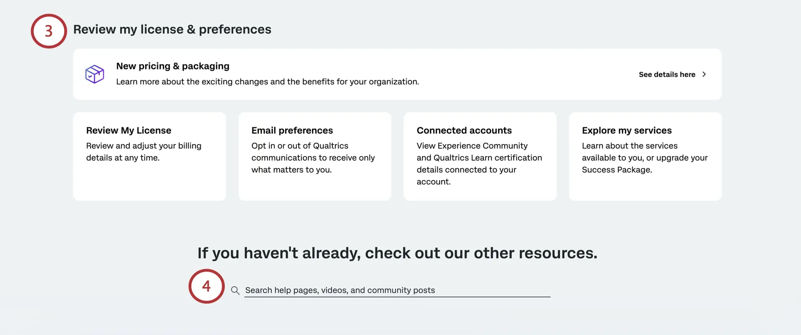 bottom of customer success. hub homepage where there are tiles with license resources and a search bar