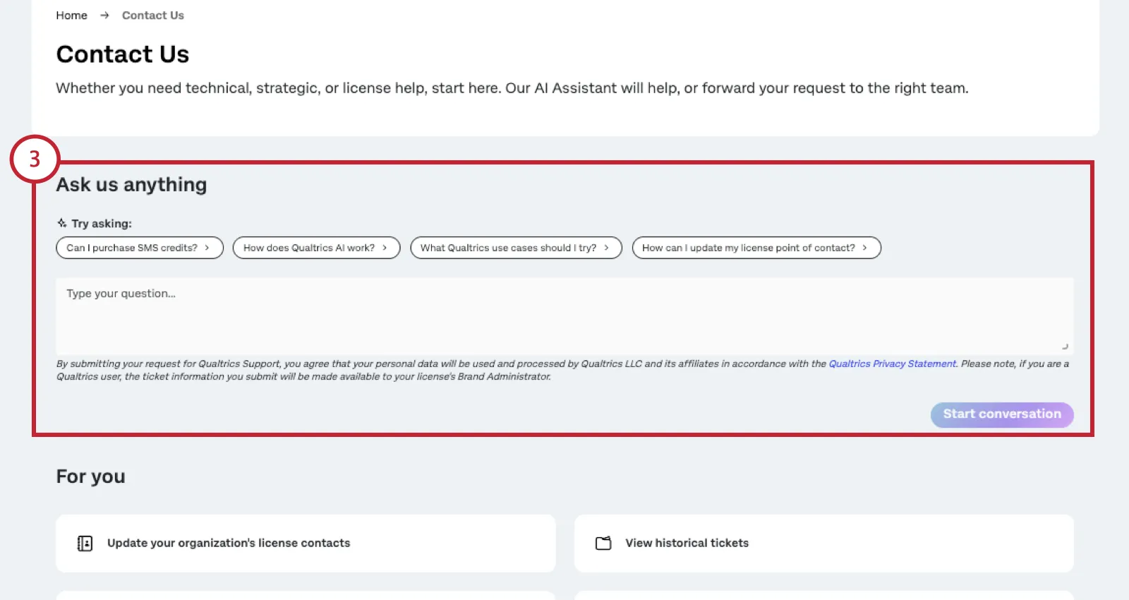 box where you can type questions but with sample clickable questions above it