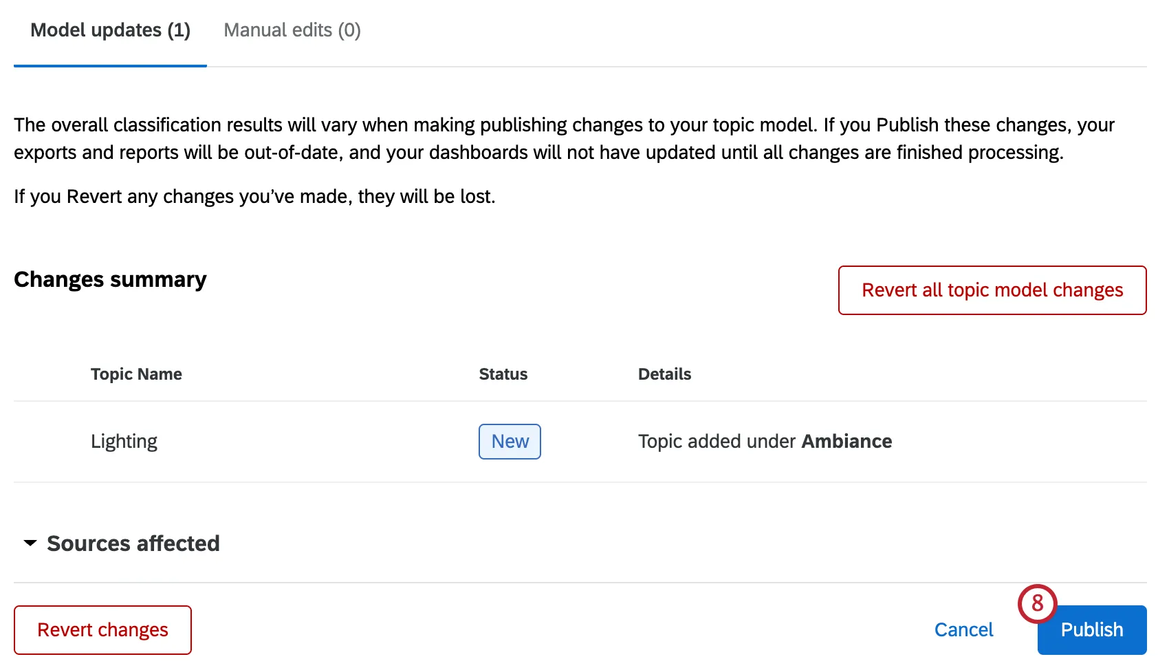 publish button highlighted at the button right of the screen highlighted changes made to the topic model