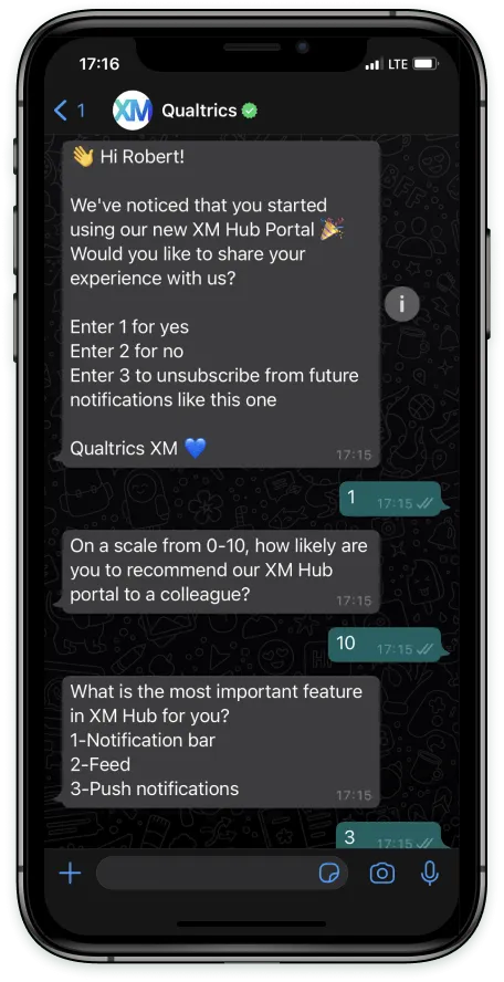 Exibição de uma troca de WhatsApp bidirecional em uma tela iphone