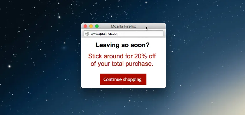 Firefoxのポップアンダーで、購入金額の20％オフと、買い物を続けるためのリンクを提供。