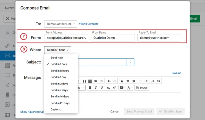Opções Endereço do remetente, Nome do remetente e E-mail de resposta e Quando enviar