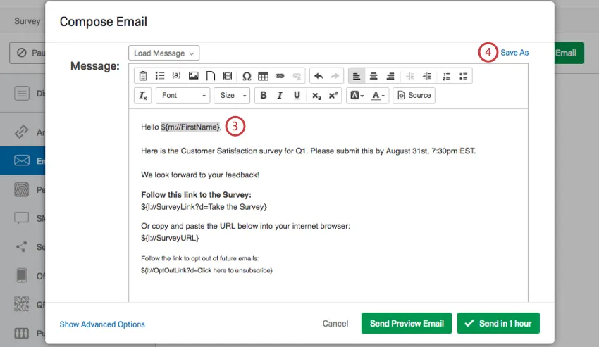 Example of Piped Text for first name in email message