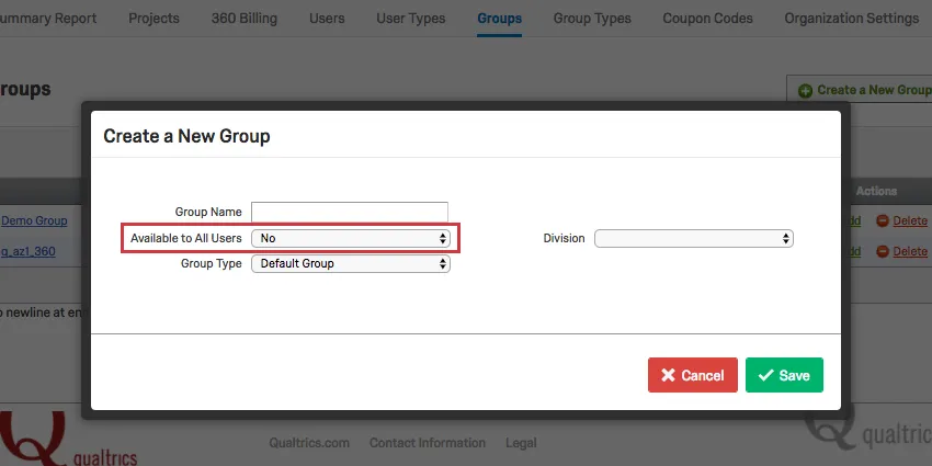 The Create a New Group window with Available to All Users set to No