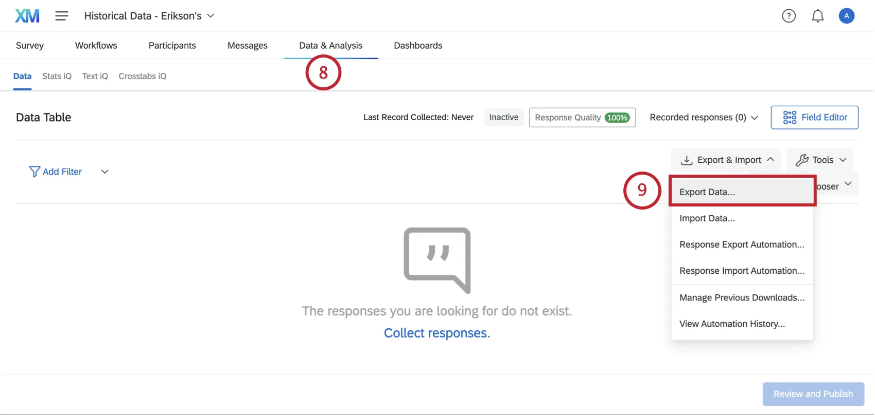 Naviguer vers longlet Données et analyse et sélectionner loption Exporter les données