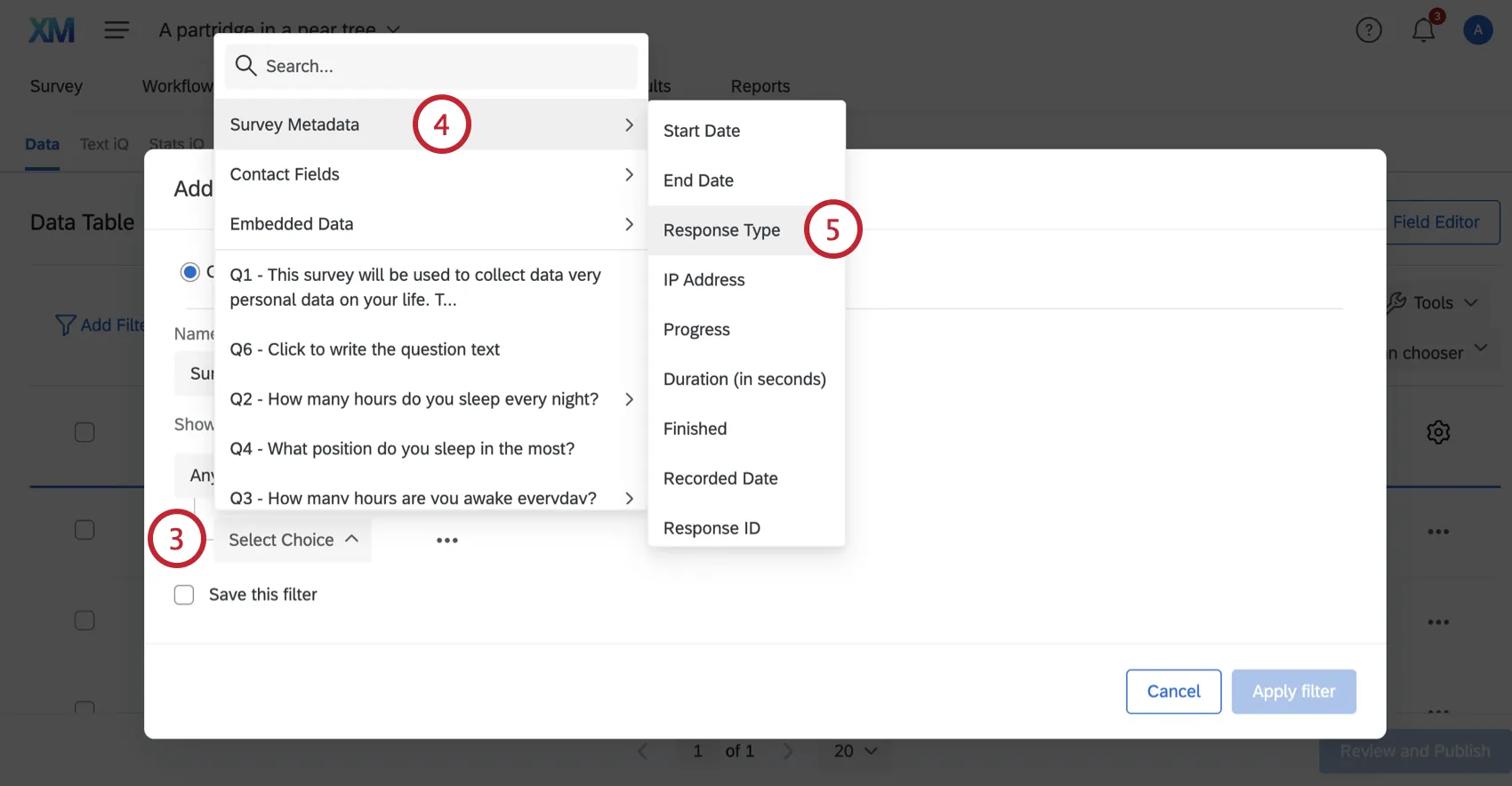 Selecting Response Type or Filter