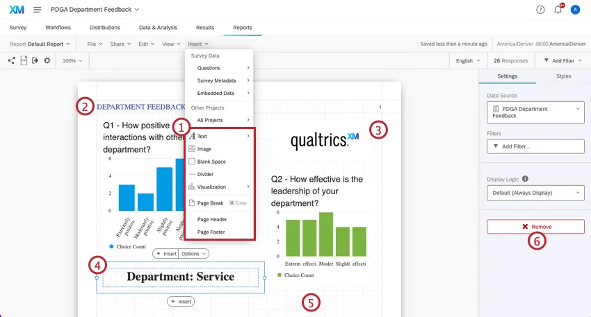 Insert menu expanded along the top and Remove button of visualization editing pane indicated on the right