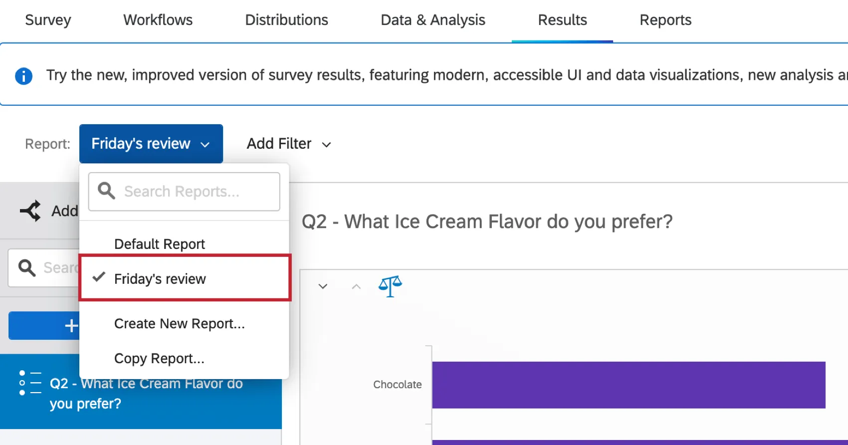 the report dropdown menu. the current report has a checkmark next to it
