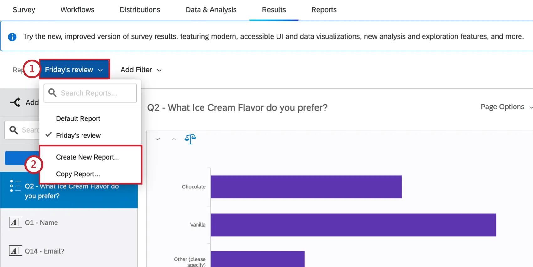 accessing the create and copy options by clicking the report dropdown menu in top left