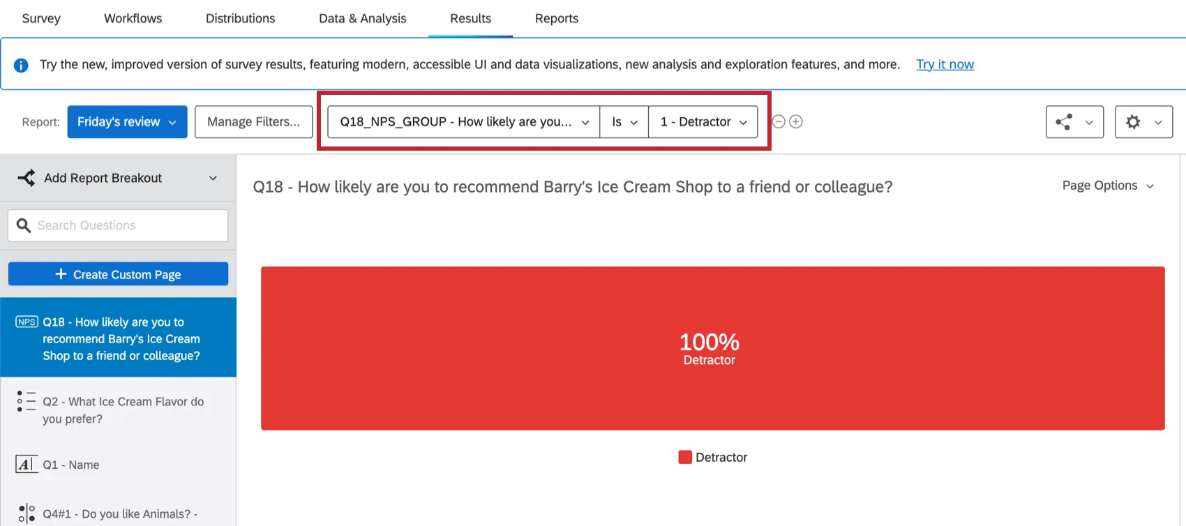 a filter for NPS is Detractor is applied to the report