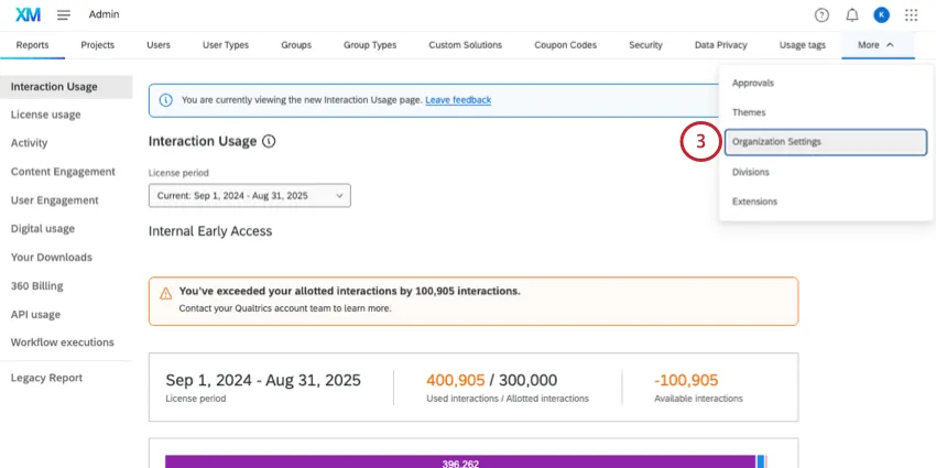 navigating to org settings from the home screen of the admin pages