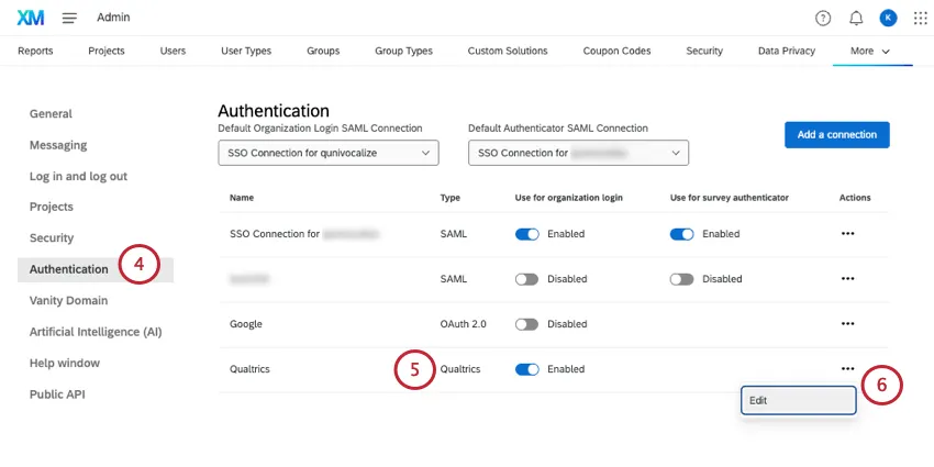 ouvrir les paramètres de la connexion Qualtrics sur la page dauthentification