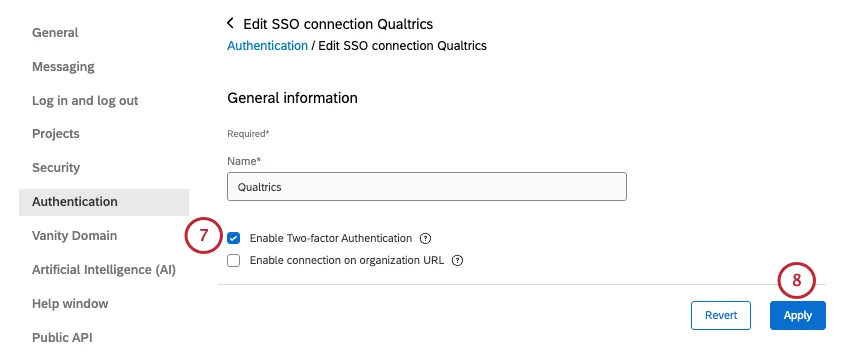 option to rename connection, add 2FA, or add a vanity URL