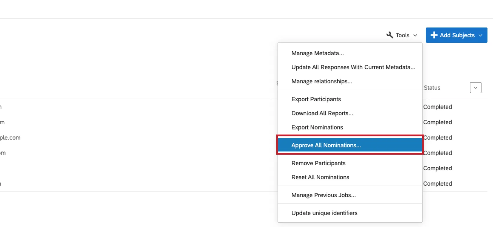 loption dapprobation de toutes les nominations dans les outils du participant
