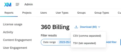 filtri lungo la parte superiore della pagina di fatturazione 360