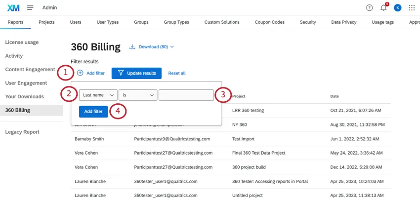 360 billing page with filters expanded