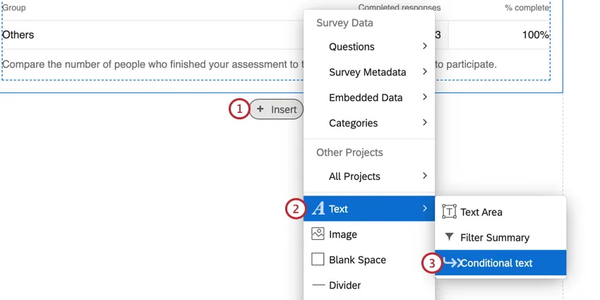 clicking insert, selecting text, and then conditional text