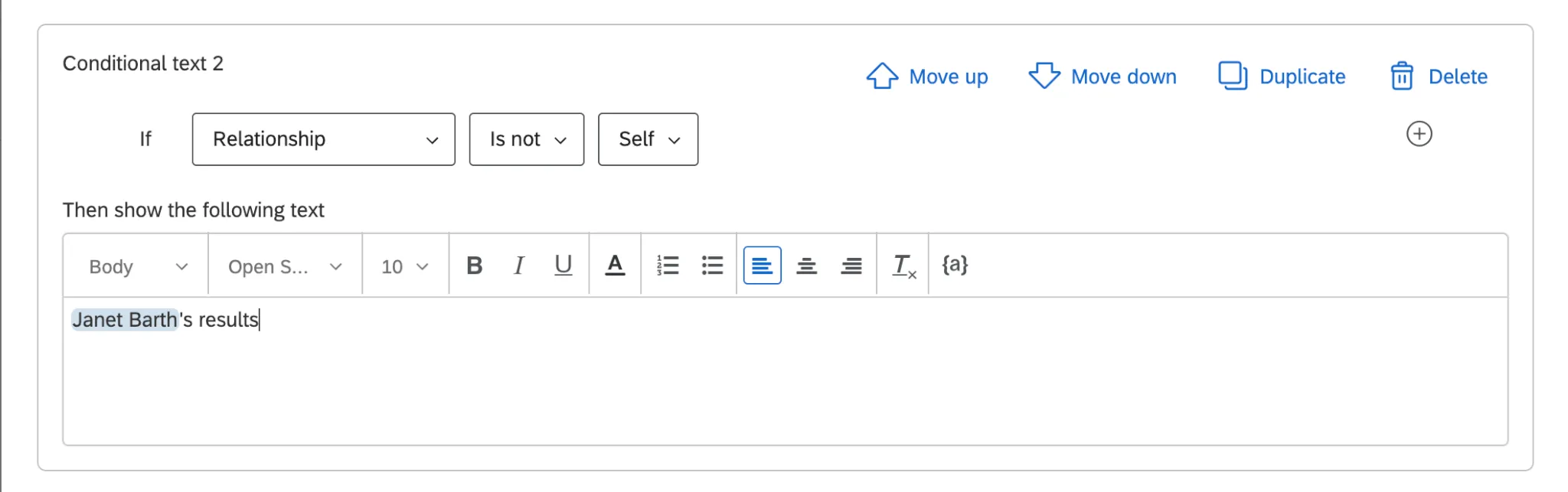 Condição diz que relação não é o eu e, em seguida, tem uma mensagem que só faz sentido se você não estiver olhando para a sua própria pontuação, já que menciona o seu nome