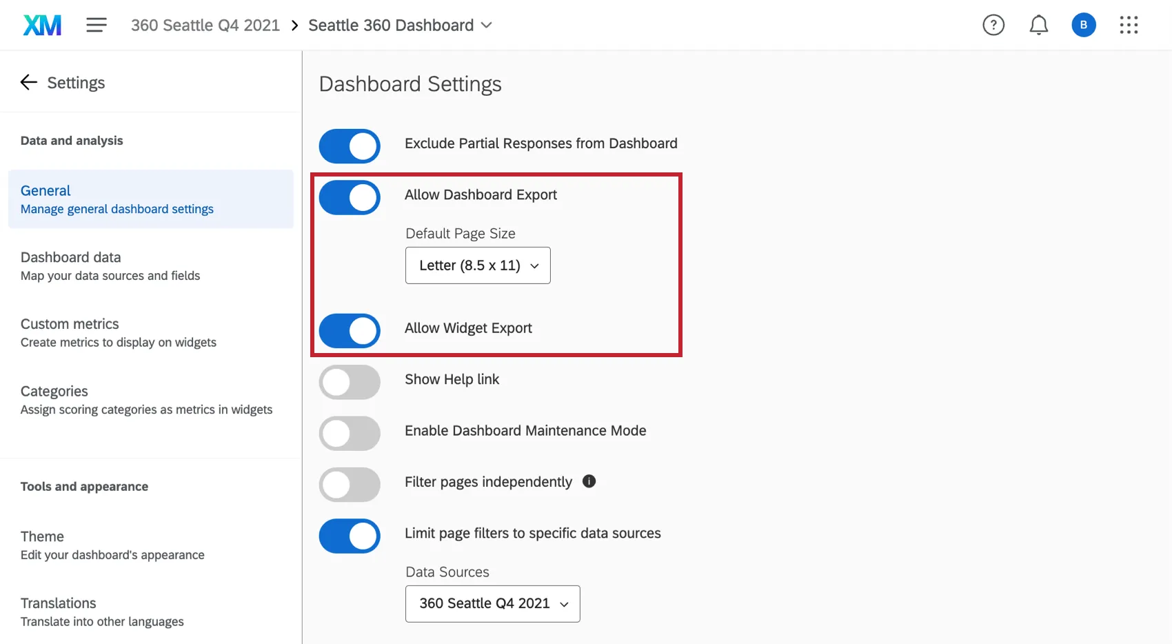les options "autoriser lexportation du tableau de bord" et "autoriser lexportation des widgets"