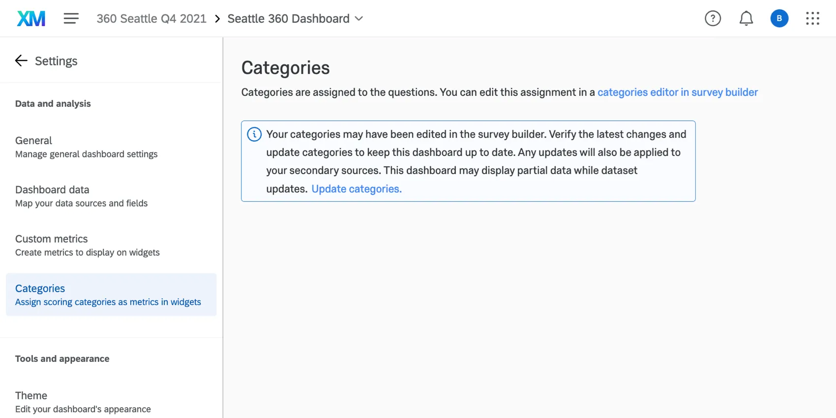 a seção de categorias das configurações dashboard