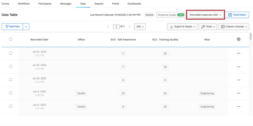 Recorded Responses option in the upper right corner of the Data tab