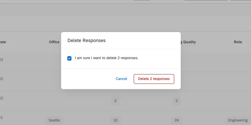 Delete Responses pop up window