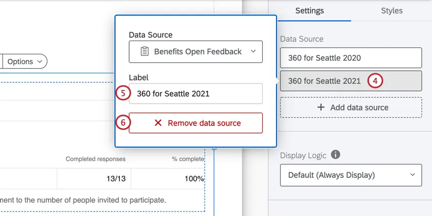 clicking the data source, adding a label, or removing the source