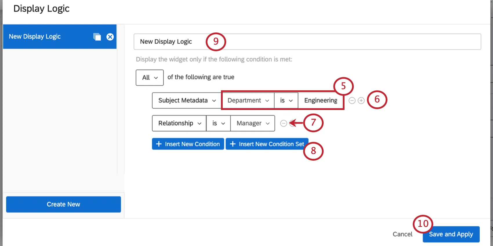 A picture of a condition where the subject metadata is set to the department engineering and the relationship is manager