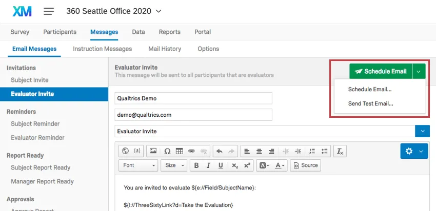 Botão Schedule Email (Agendar e-mail) no canto superior direito