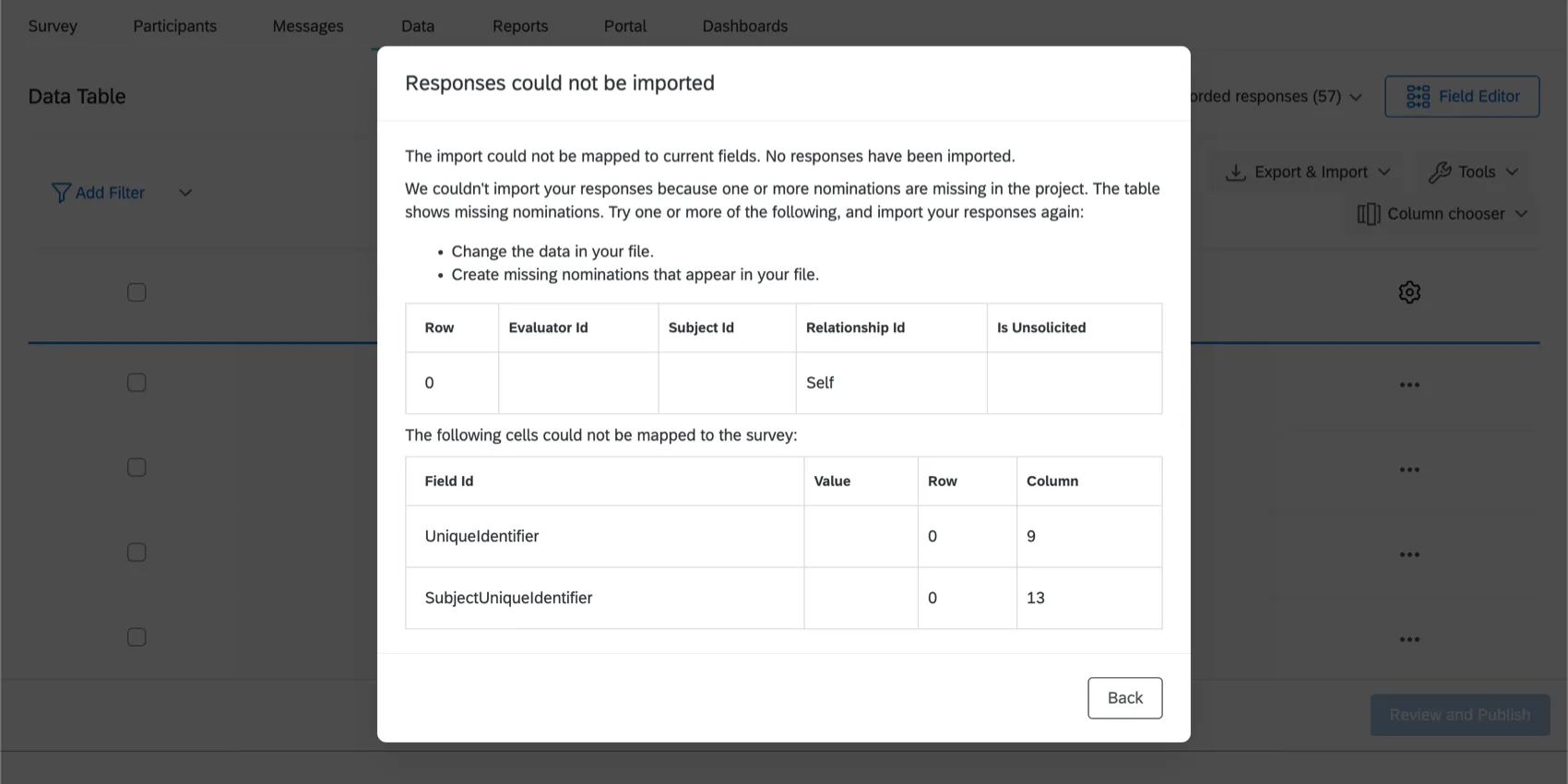 Screenshot showing the message that appears when a response cannot be imported