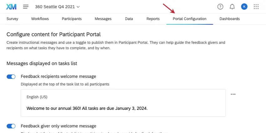 onglet de configuration du portail en haut du projet 360
