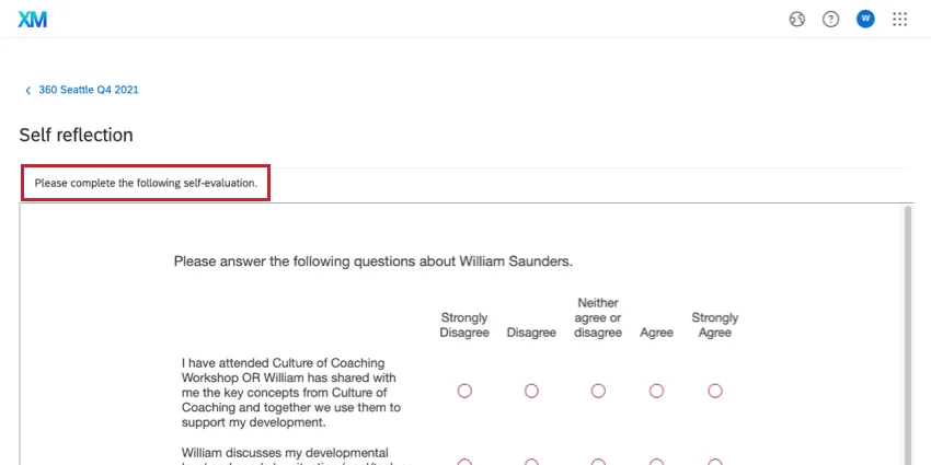 Evaluate self message displayed in the Participant Portal