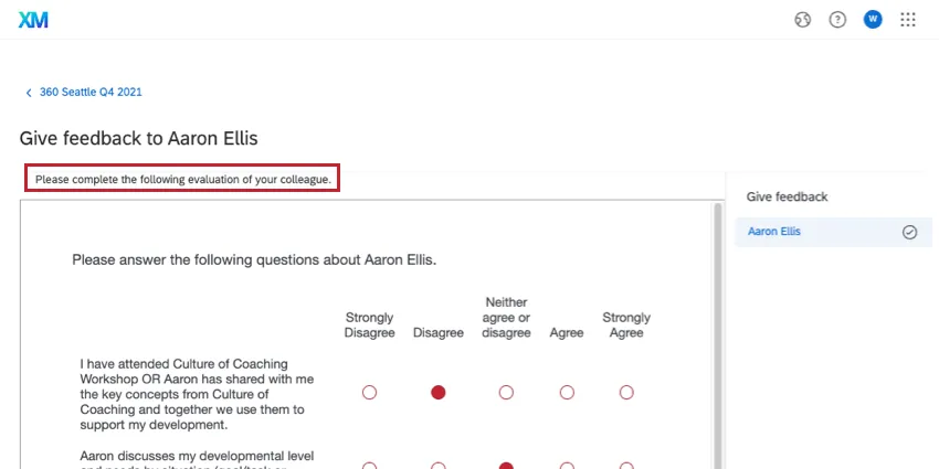 Evaluate others message displayed in the Participant Portal