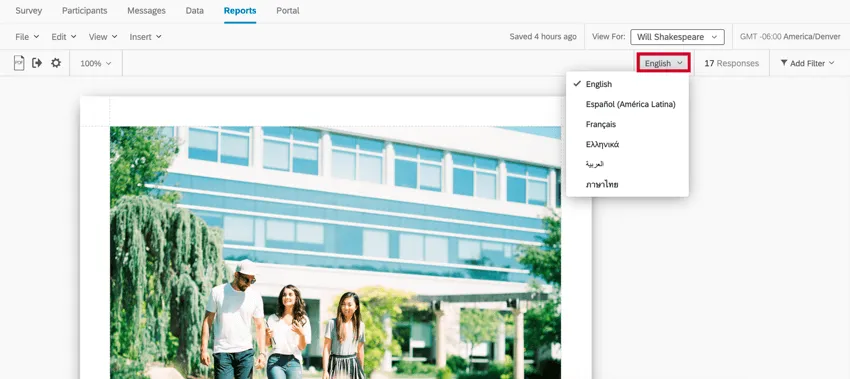 the language dropdown in the top right of the toolbar