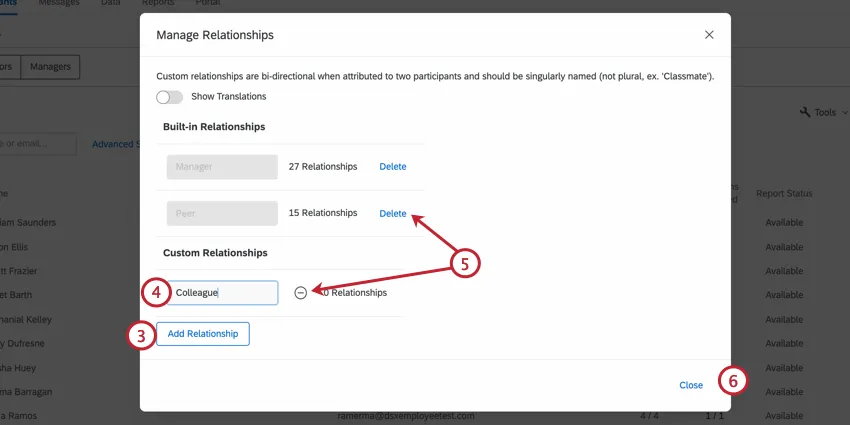 clicar em adicionar relação e dar um nome ao relação. remover relacionamentos clicando em excluir ou no sinal de menos