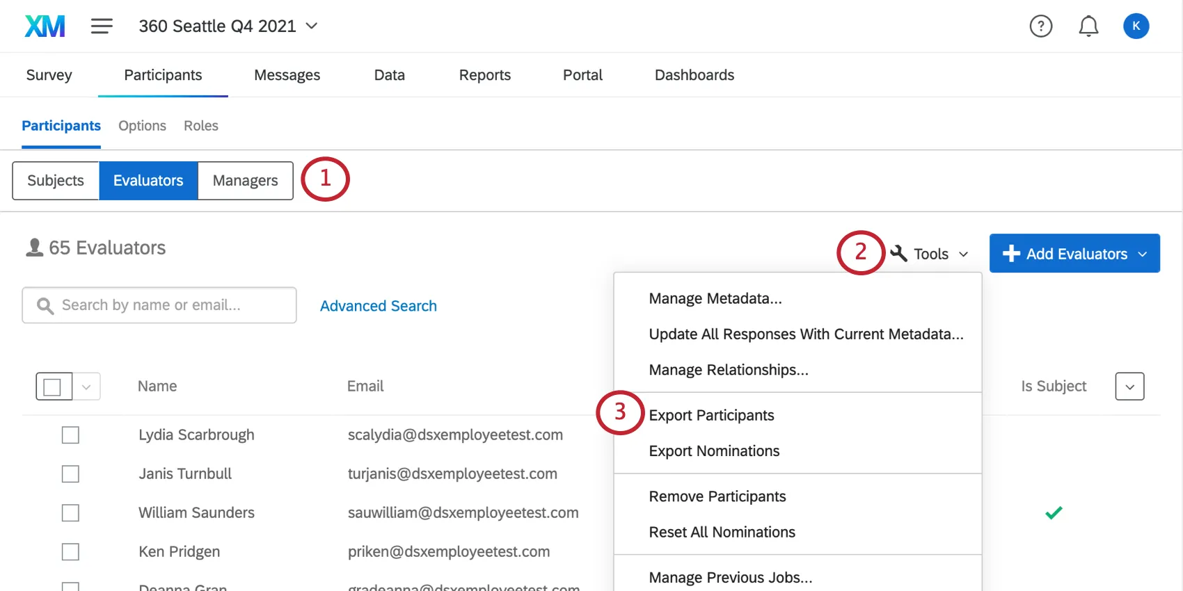参加者]タブの[参加者]セクションで[評価者]が開き、[ツール]のメニューが展開されている。
