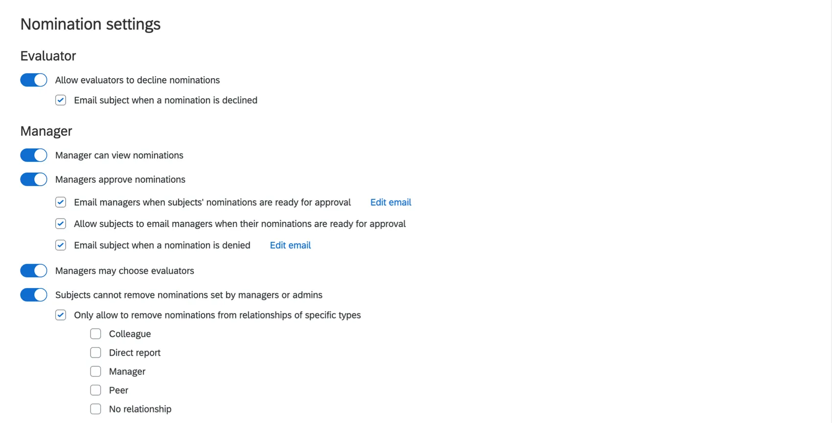 Image of the Manager section of the Nomination settings, which is under the Evaluator section