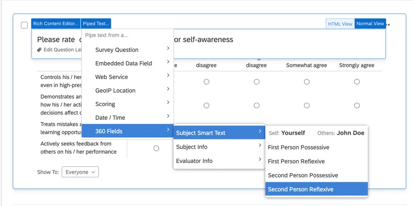 the piped text menu. the subject smart text option is selected