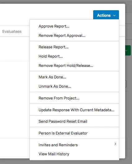 Actions dropdown menu within the Participant Information Window
