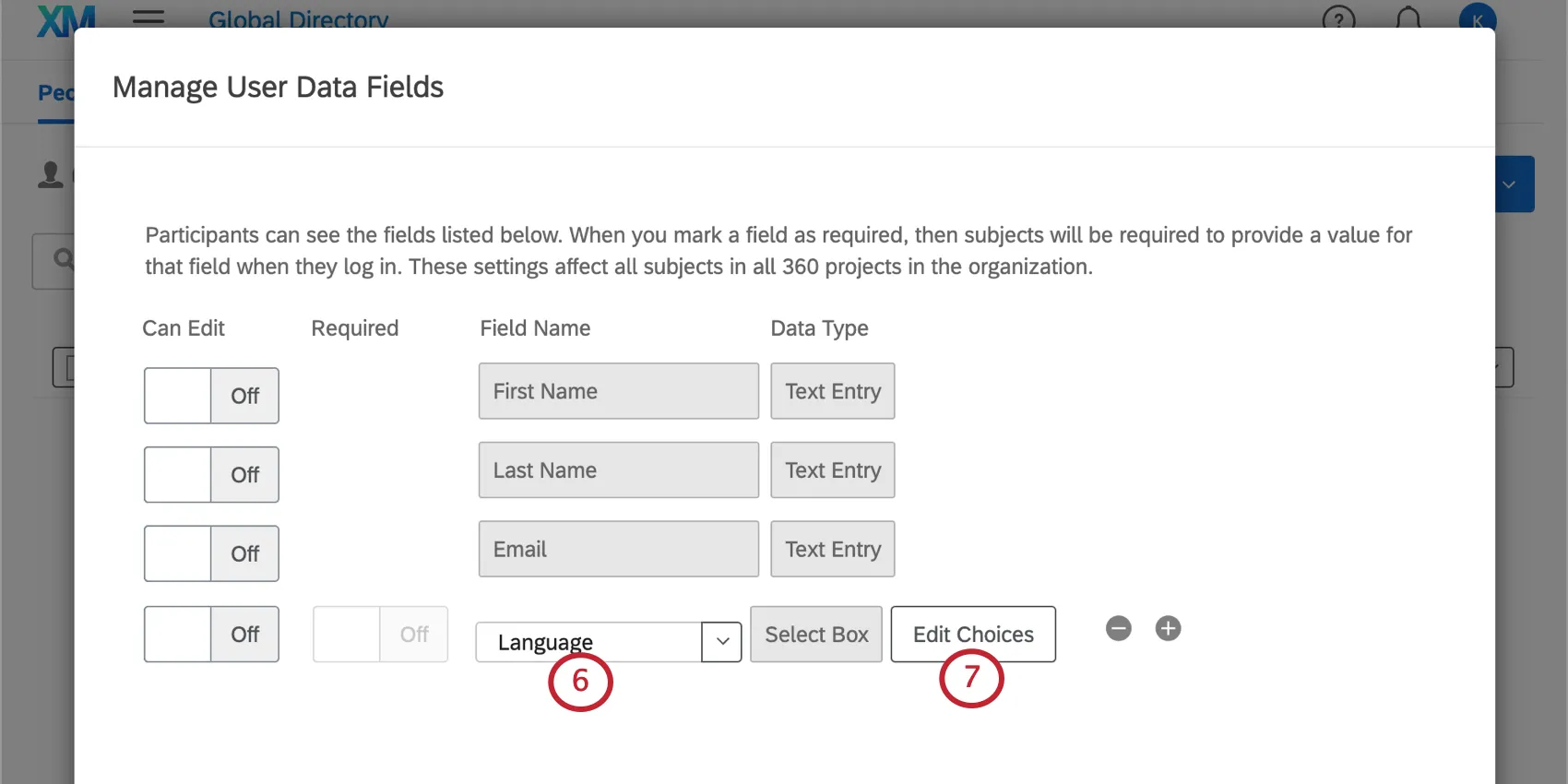 imagen de la pantalla de administración de campos de datos de usuario. Se ha añadido un idioma nombre del campo.
