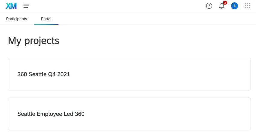 viewing the list of projects in the participant portal
