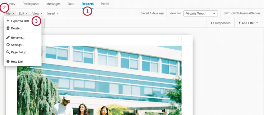 En la pestaña de informes , haga clic en archivo y luego en exportar a qrf