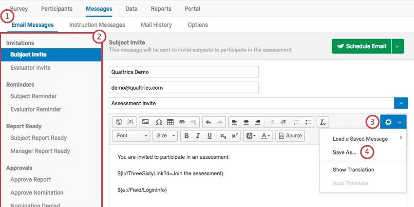 Selecionando o menu suspenso de opções do Message Editor