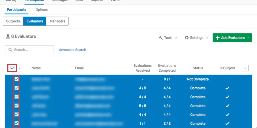 Selecting multiple participants using the checkboxes to the left of the participant