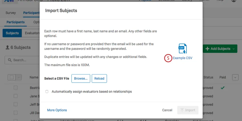 Selecting the Example CSV option in the Import Subjects pop up window