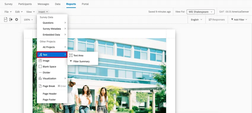the text area option in the insert menu is selected