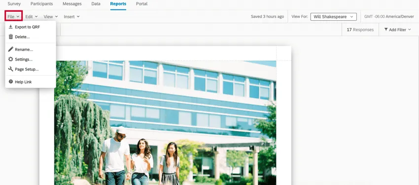 el menú de archivo en la barra de herramientas del informe